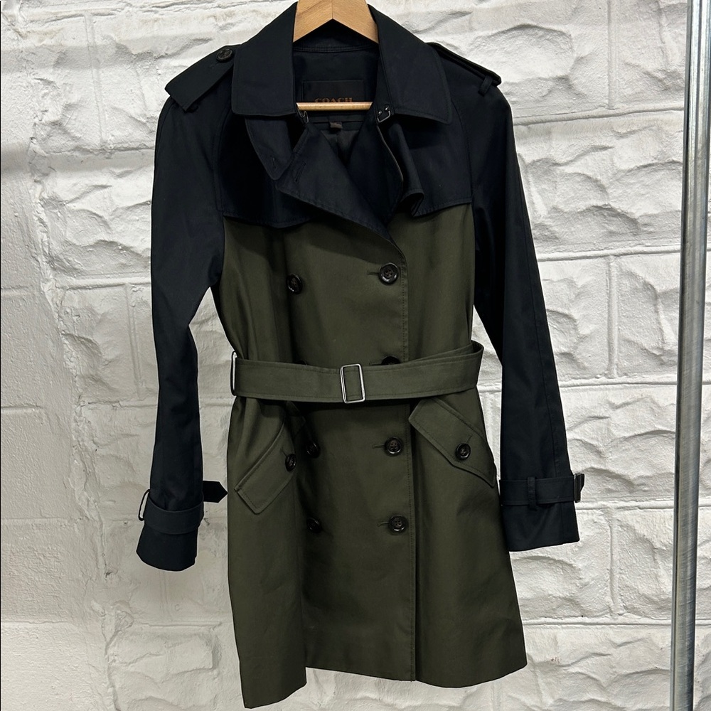 Coach Colorblock black and olive green Trench Coat